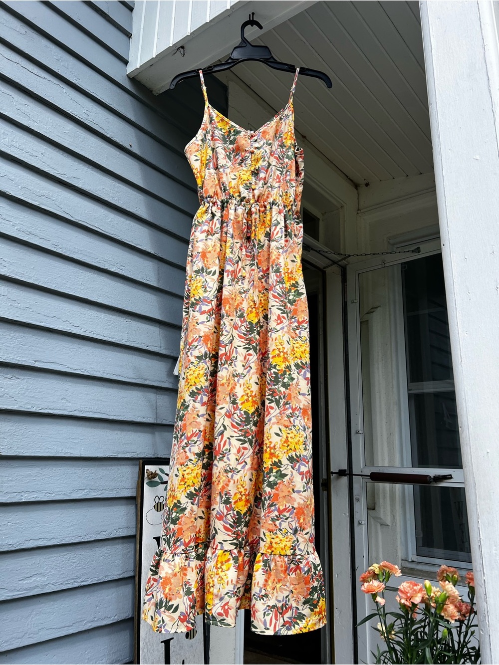 Summer Floral Spaghetti-Strap Maxi Dress in Yellow & Peach